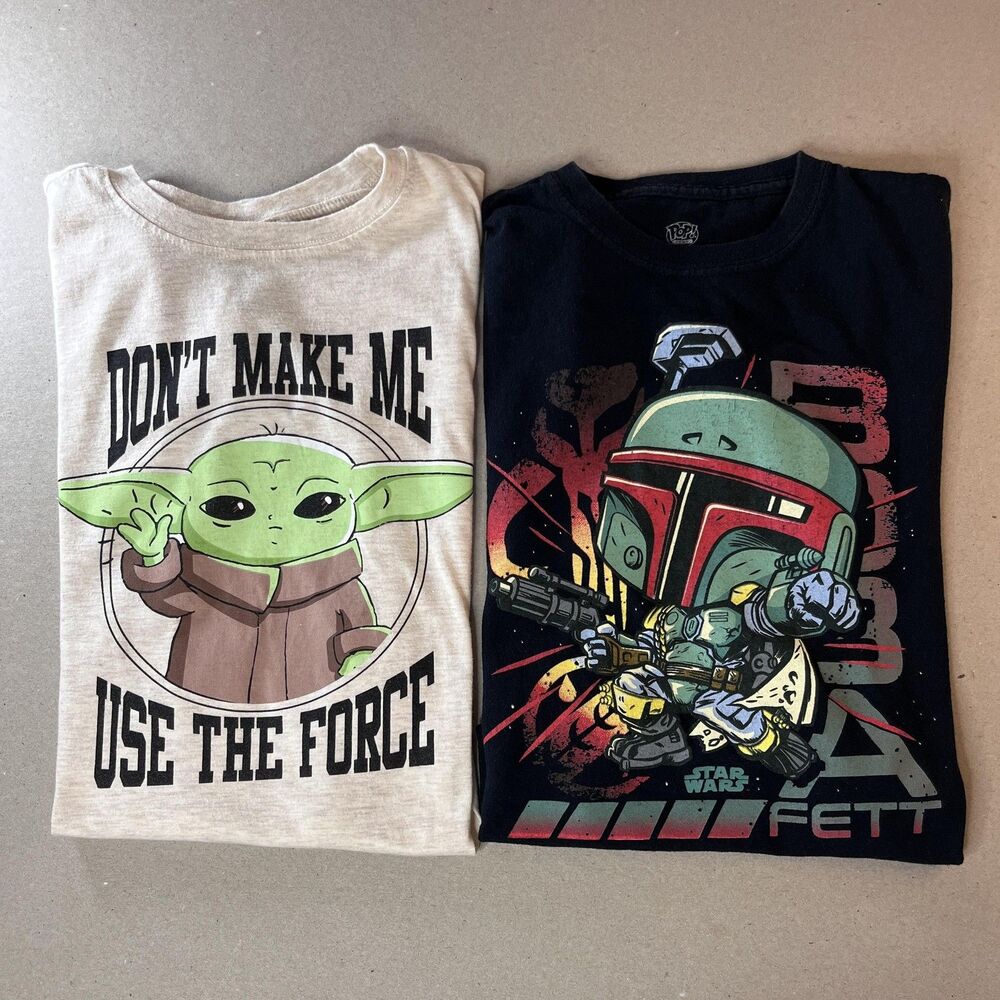 Star Wars Shirt Boys 10-12 Lot Of 2 Grogu Boba Fett Graphic Tees Mandalorian